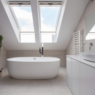Porcelain,Freestanding,Bath,In,Designed,White,Bathroom